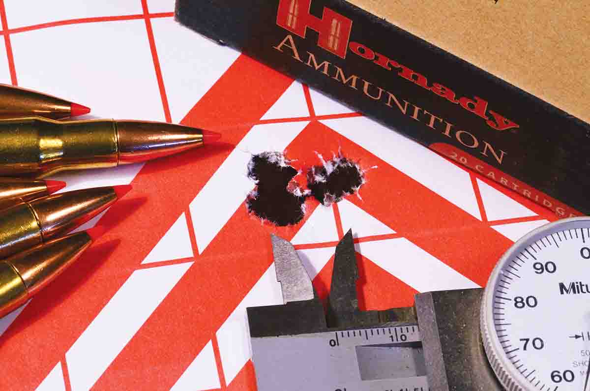 The rifle’s best five-shot group: Hornady 165-grain GMX, measuring a spectacular .555 inches.